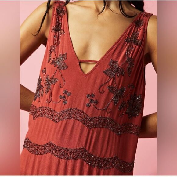 Free People Red Bali Mad Love embellished beaded boho mini dress size S - Picture 6 of 12
